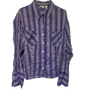 Chicos Womens Silk Linen Button Up Stripped Top XL Mature Office Career Business